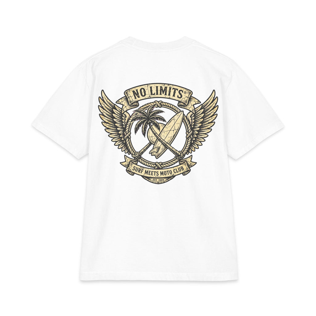 No Limits Surf & Moto T‑Shirt — Vintage Palm, Surfboard & Wings Graphic