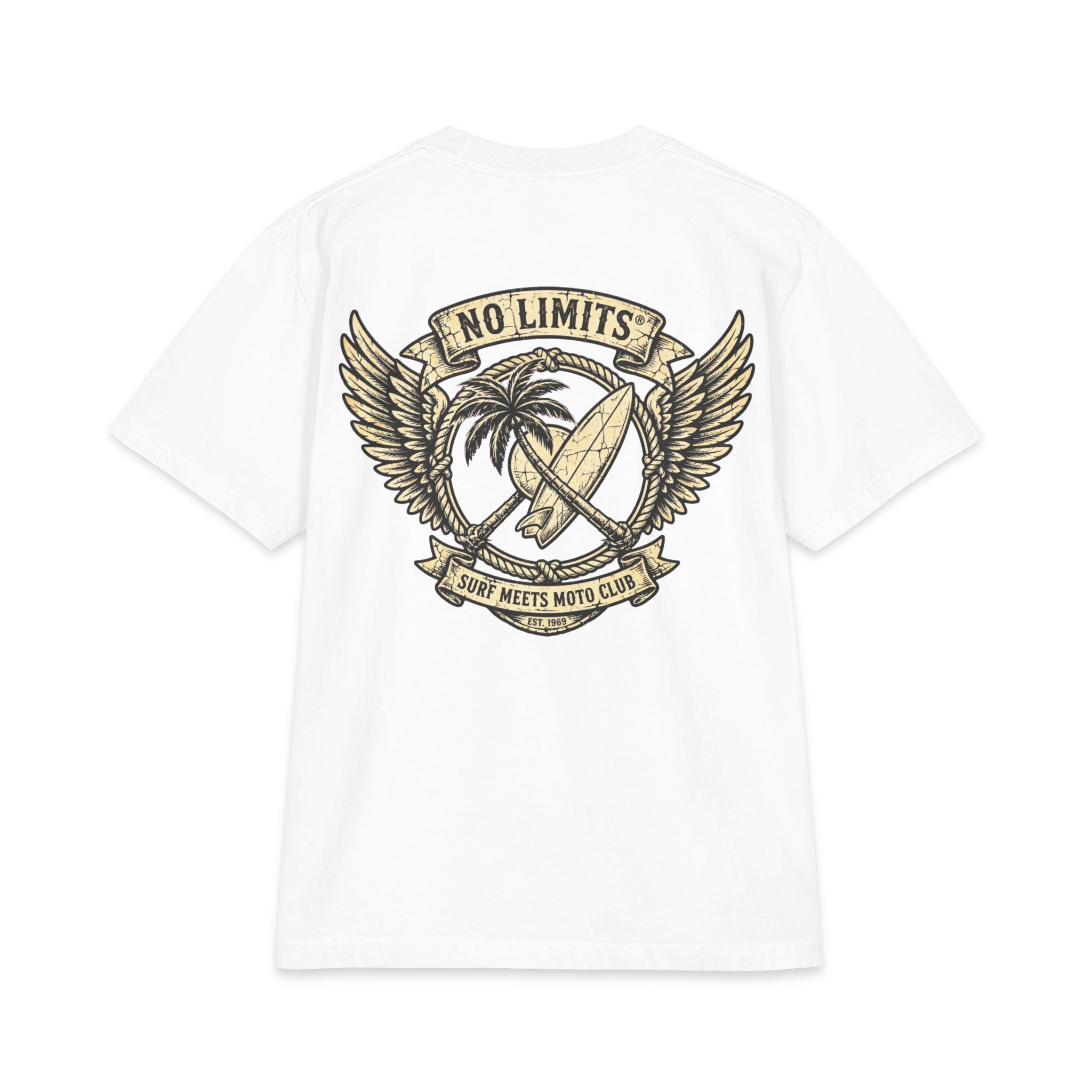 No Limits Surf & Moto T‑Shirt — Vintage Palm, Surfboard & Wings Graphic