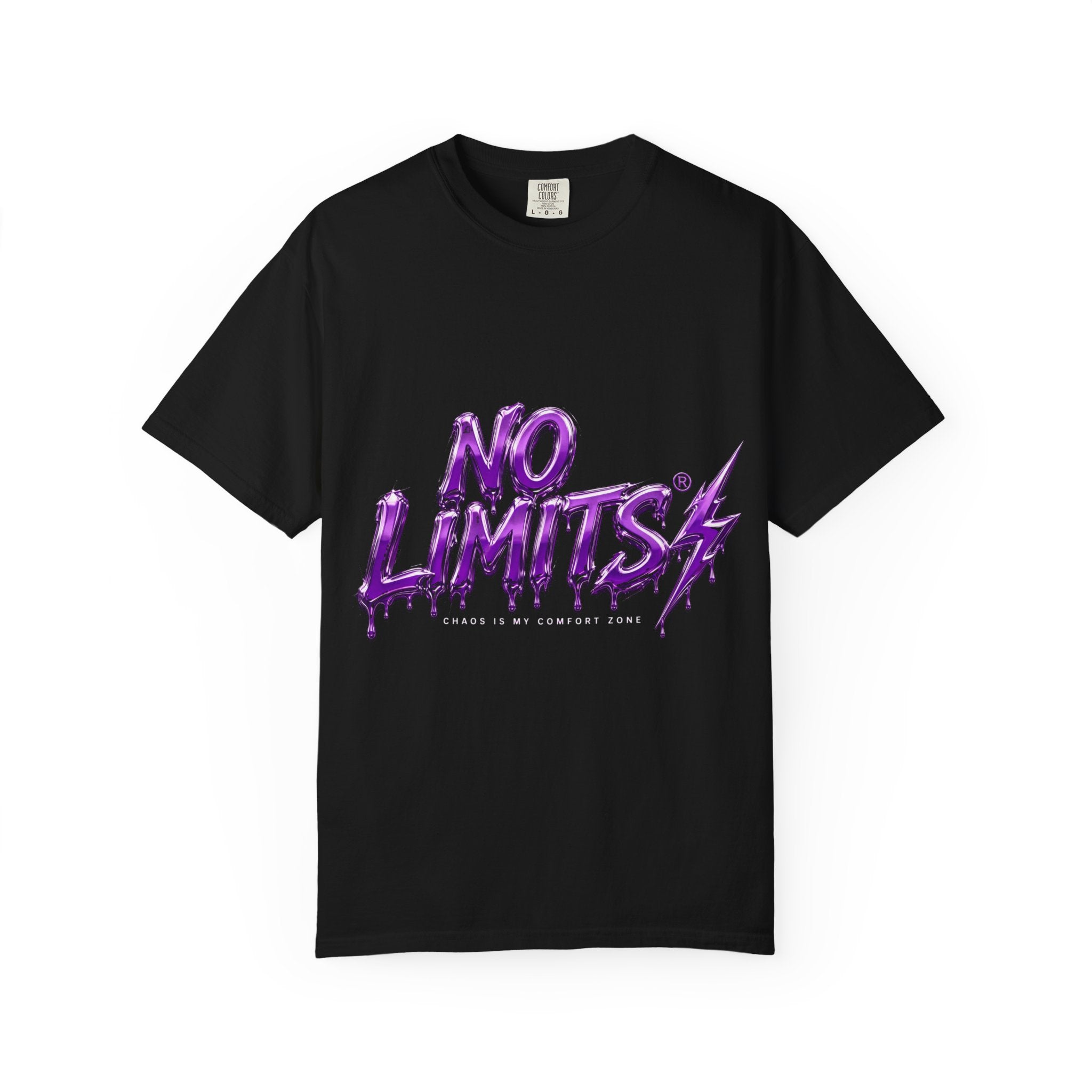 No Limits T-Shirt — Bold Purple Graphic Tee with Lightning Accent