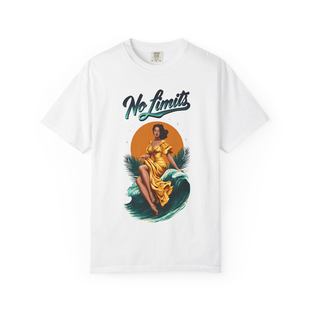 No Limits Surf Goddess T-Shirt — Retro Pinup Wave Graphic Tee