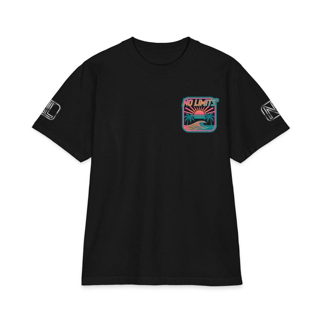 No Limits Surf T-Shirt — Retro Palm Beach Sunset Tee