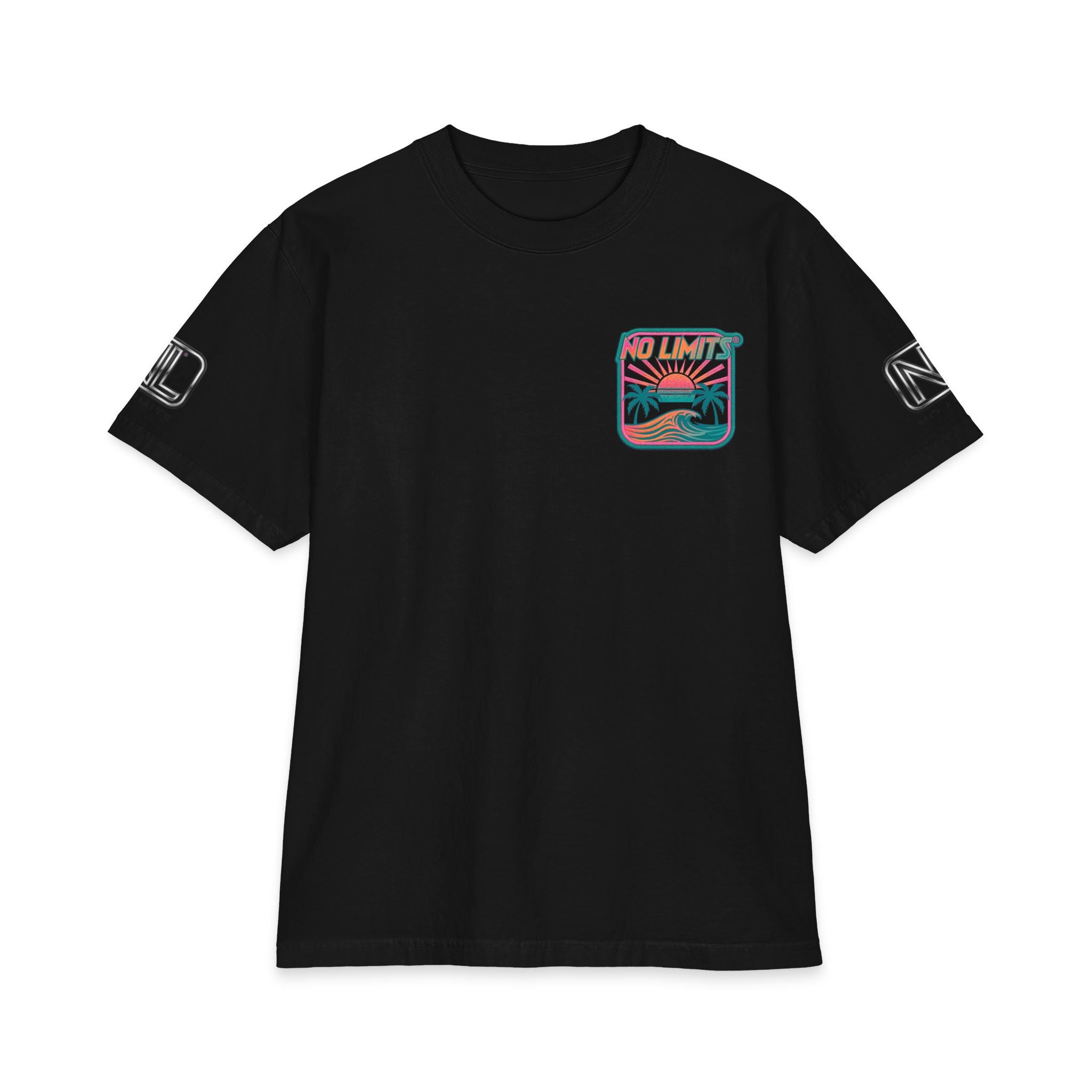 No Limits Surf T-Shirt — Retro Palm Beach Sunset Tee