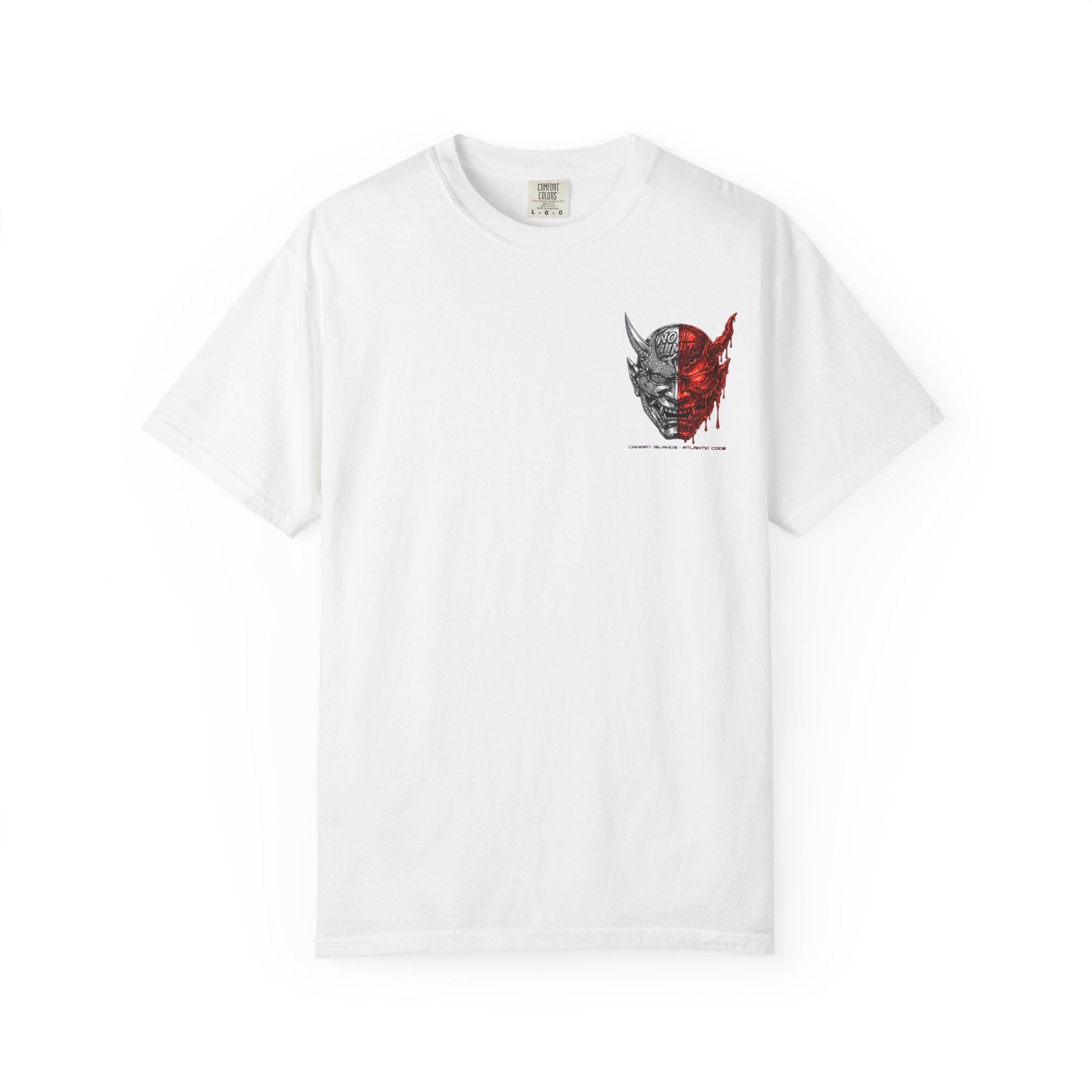 Demon Mask Graphic T-Shirt — Split Red & Grey Skull Design