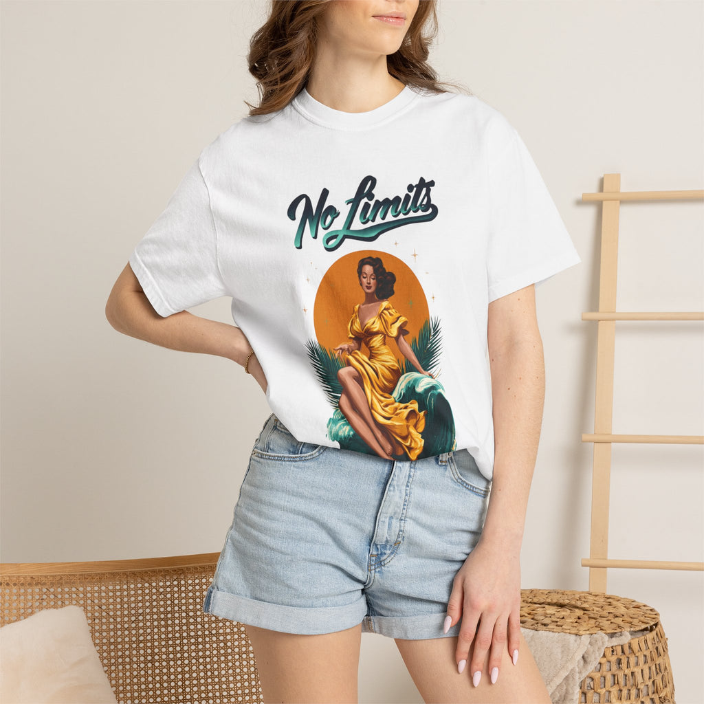 No Limits Surf Goddess T-Shirt — Retro Pinup Wave Graphic Tee