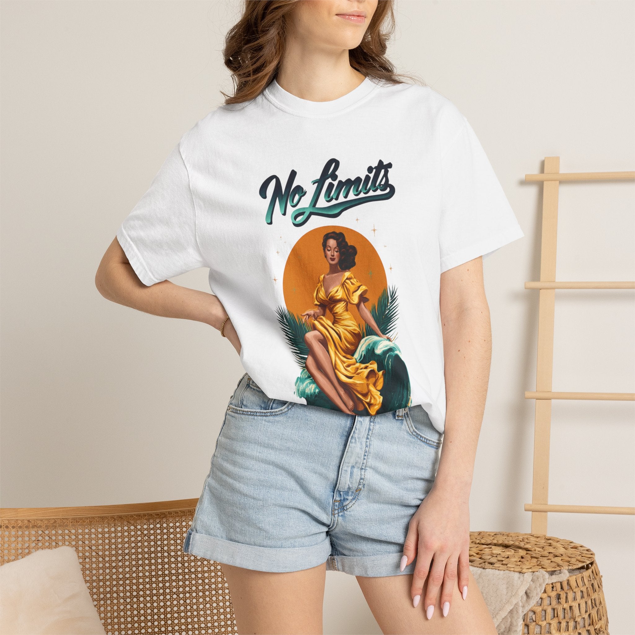No Limits Surf Goddess T-Shirt — Retro Pinup Wave Graphic Tee