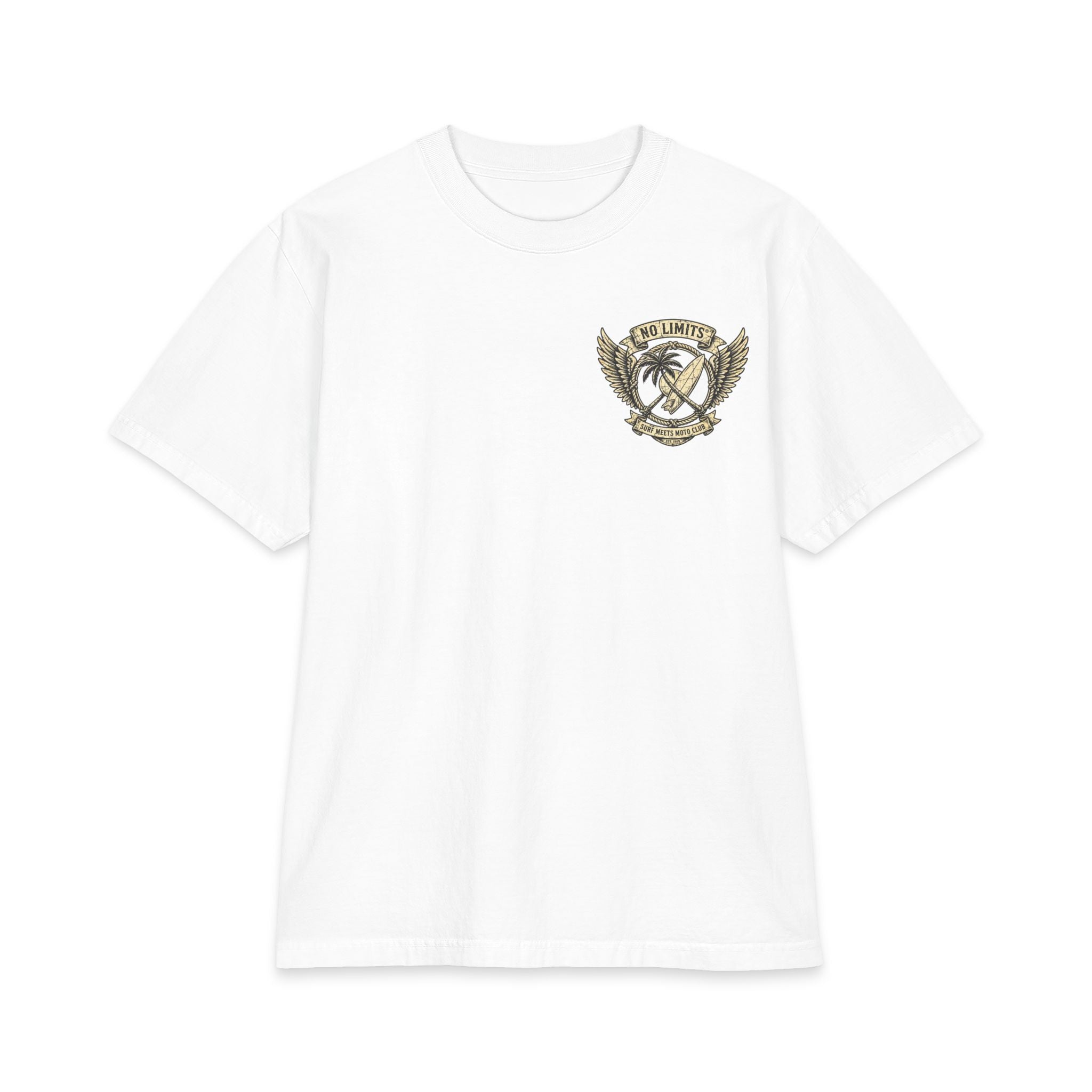 No Limits Surf & Moto T‑Shirt — Vintage Palm, Surfboard & Wings Graphic