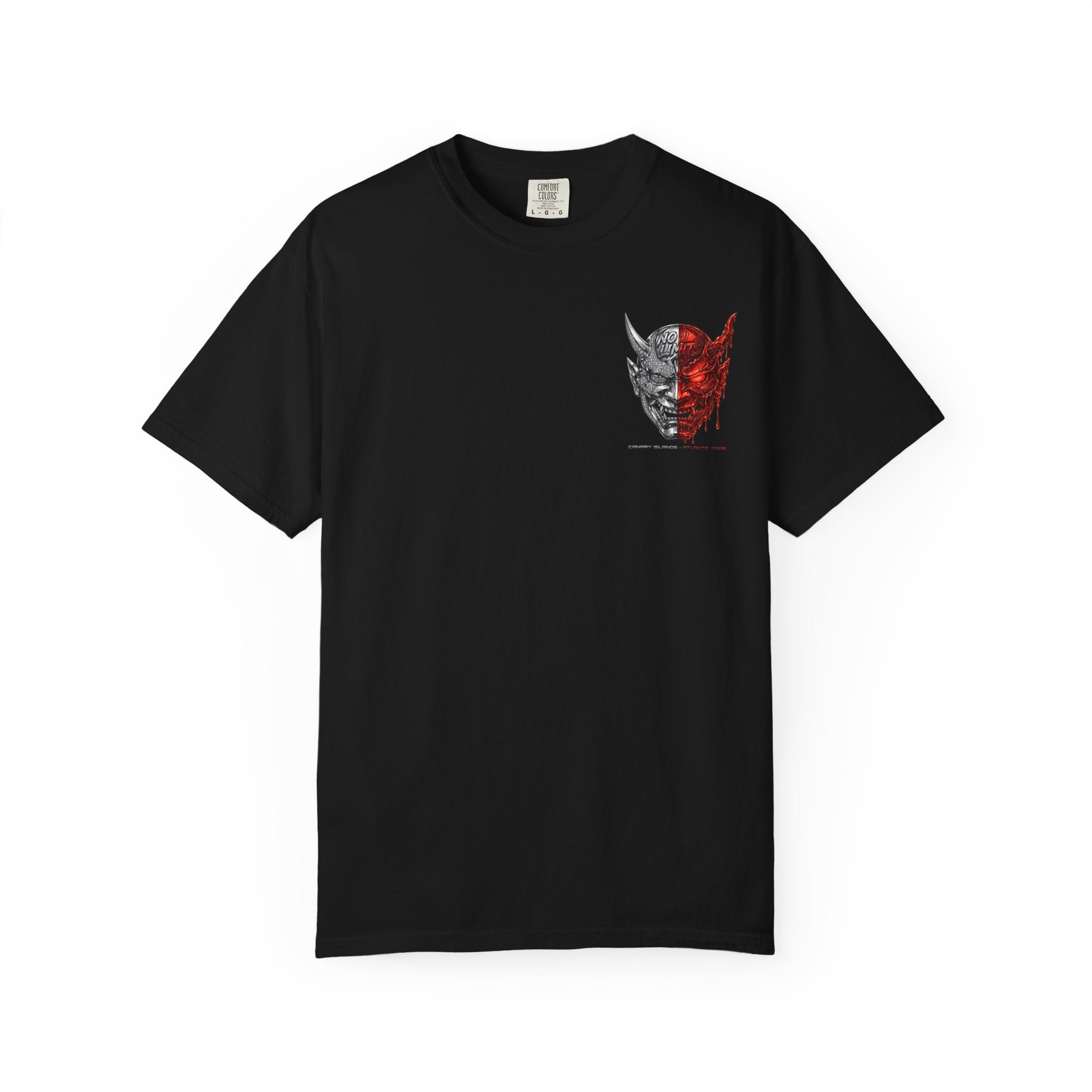 Demon Mask Graphic T-Shirt — Split Red & Grey Skull Design