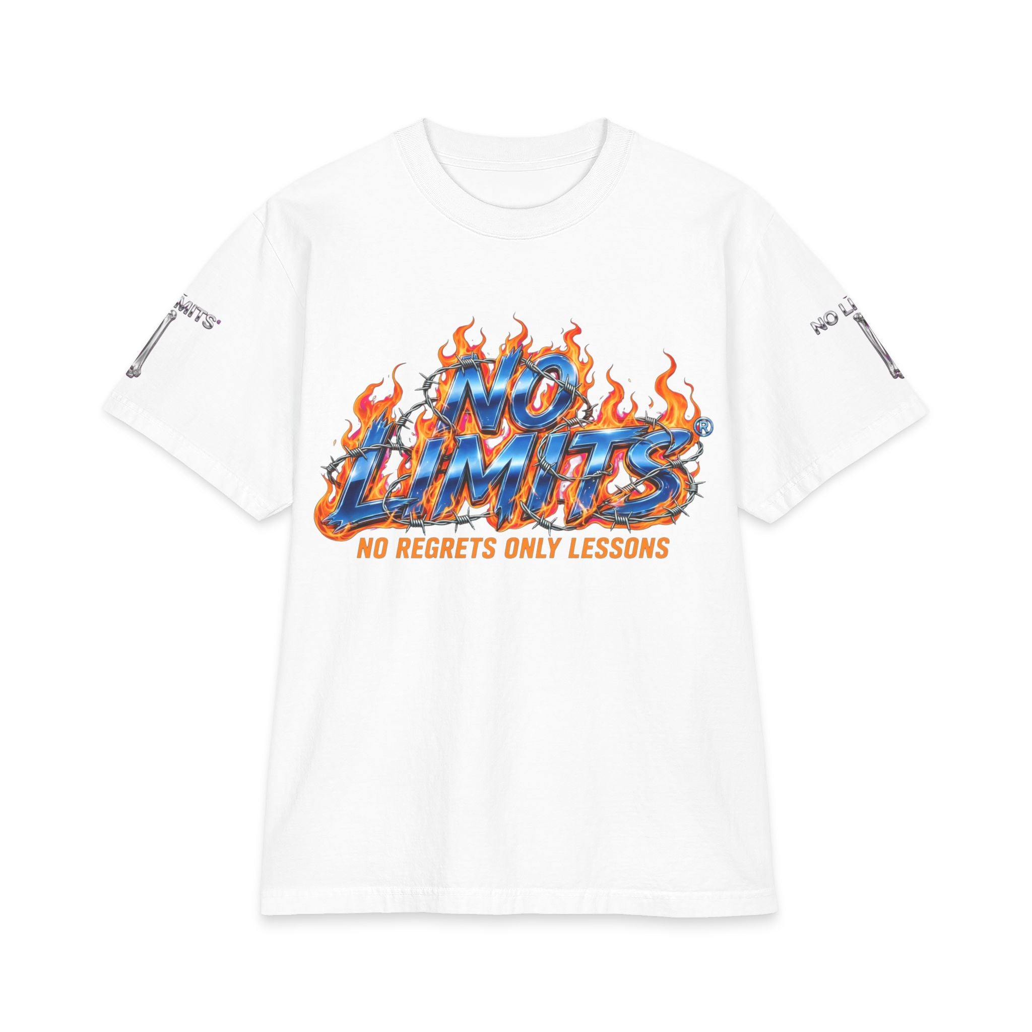 No Limits Flames Skull T‑Shirt — "No Regrets Only Lessons" Graphic Tee