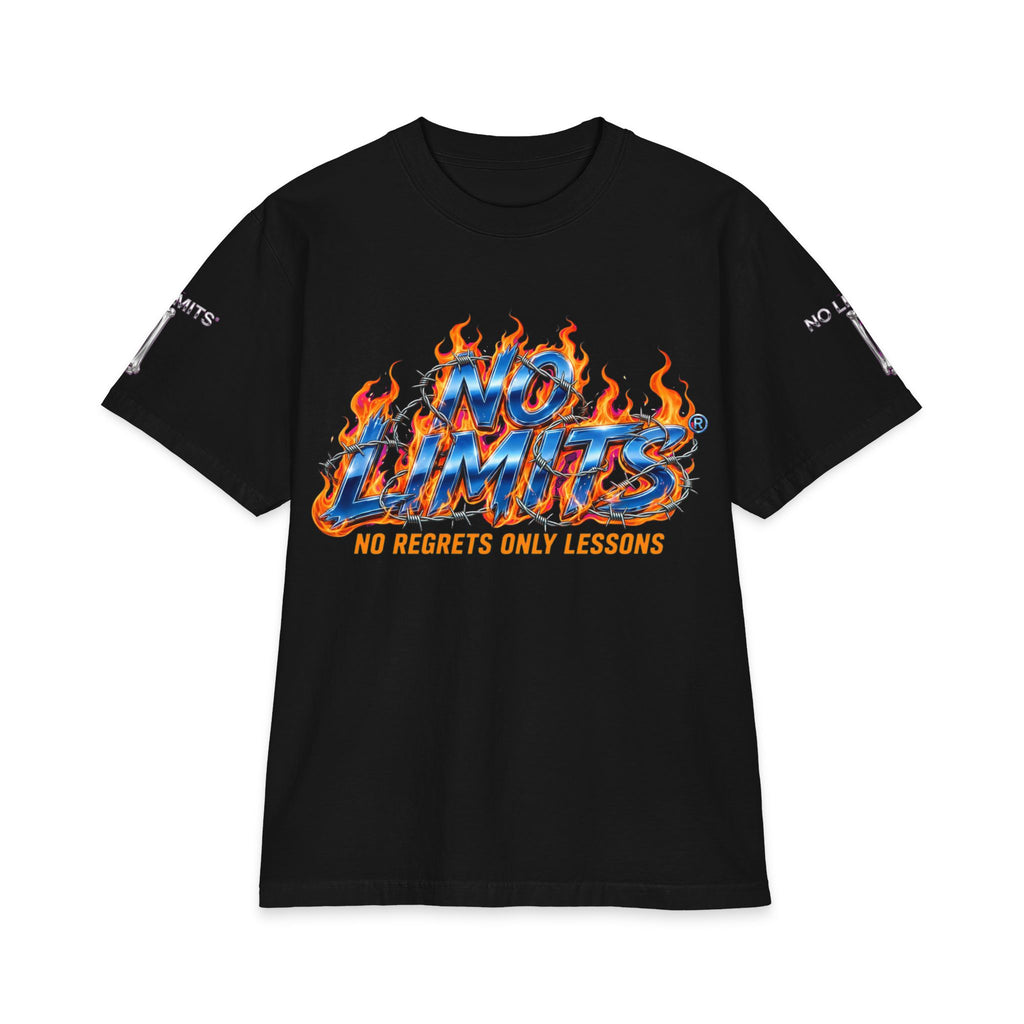 No Limits Flames Skull T‑Shirt — "No Regrets Only Lessons" Graphic Tee