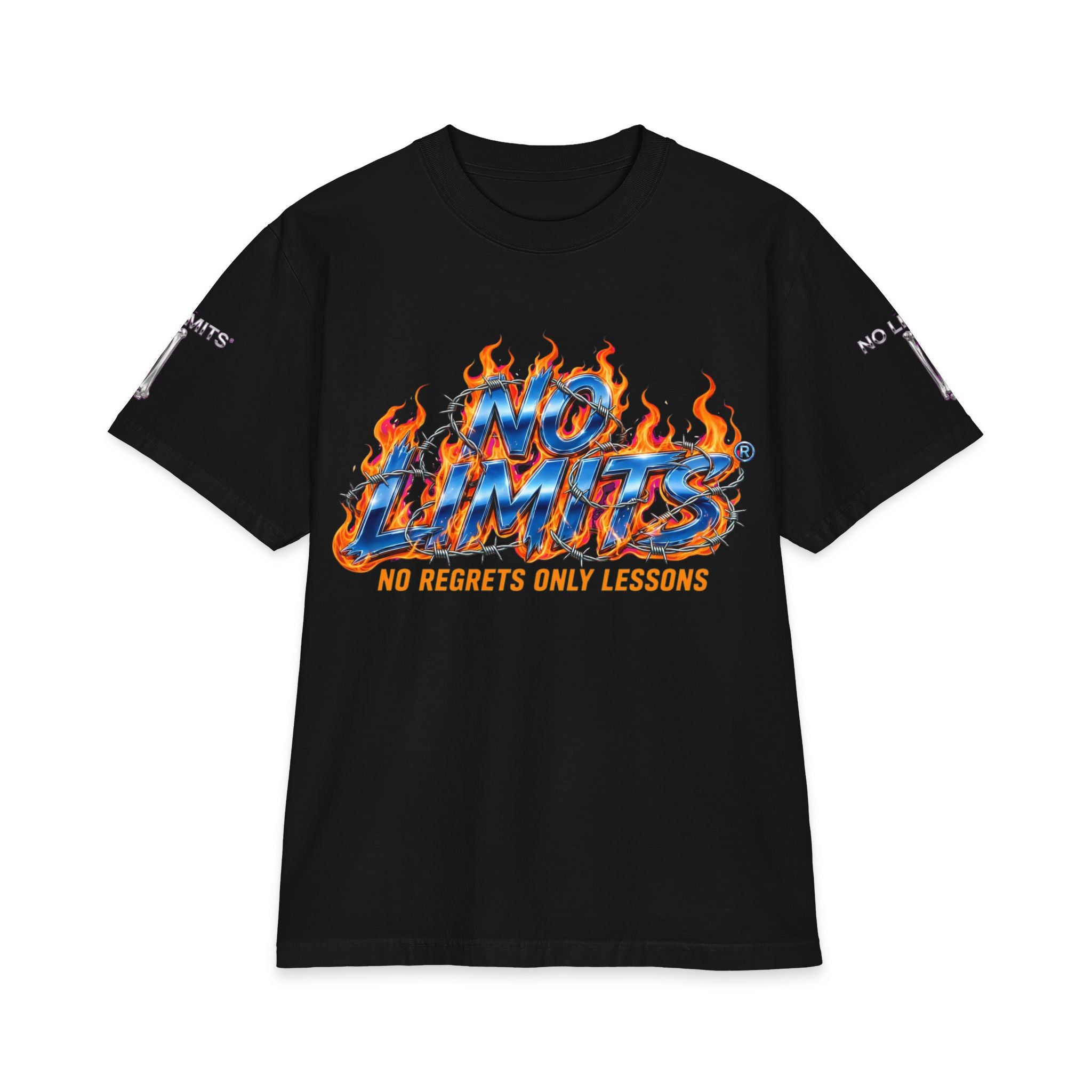 No Limits Flames Skull T‑Shirt — "No Regrets Only Lessons" Graphic Tee