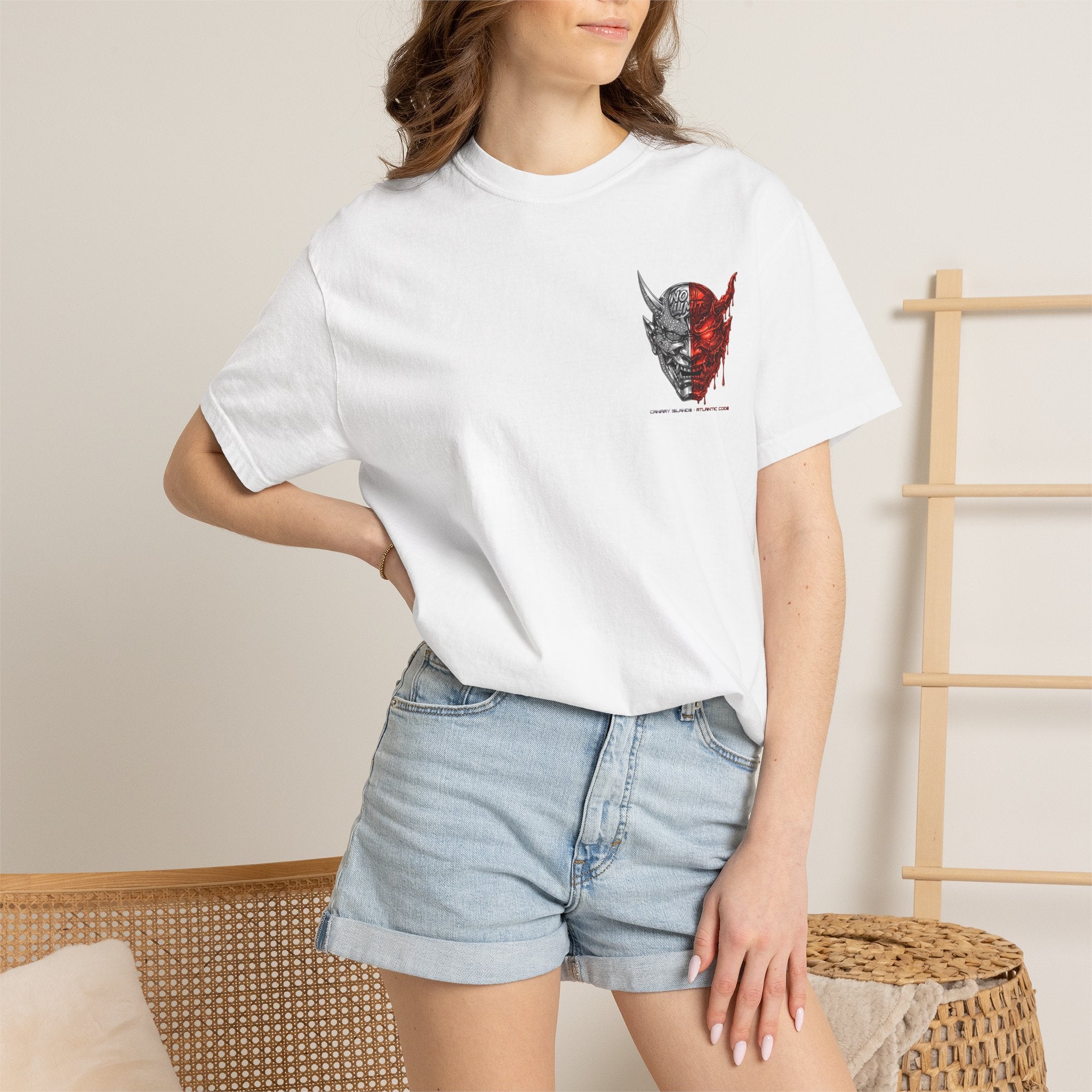 Demon Mask Graphic T-Shirt — Split Red & Grey Skull Design