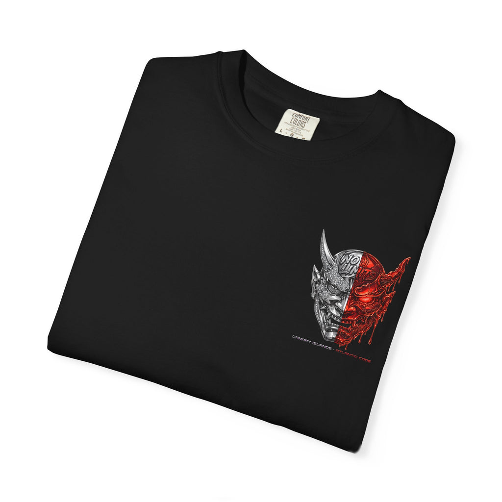 Demon Mask Graphic T-Shirt — Split Red & Grey Skull Design