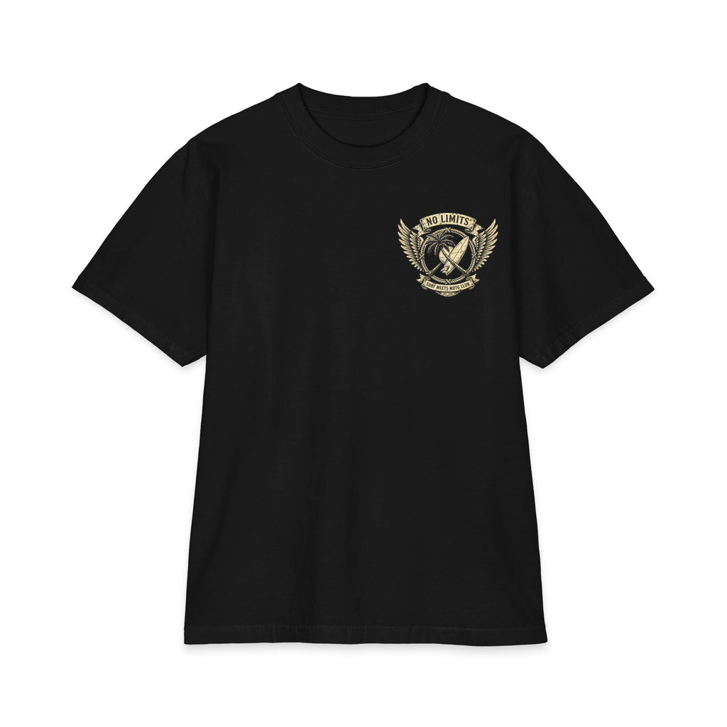No Limits Surf & Moto T‑Shirt — Vintage Palm, Surfboard & Wings Graphic