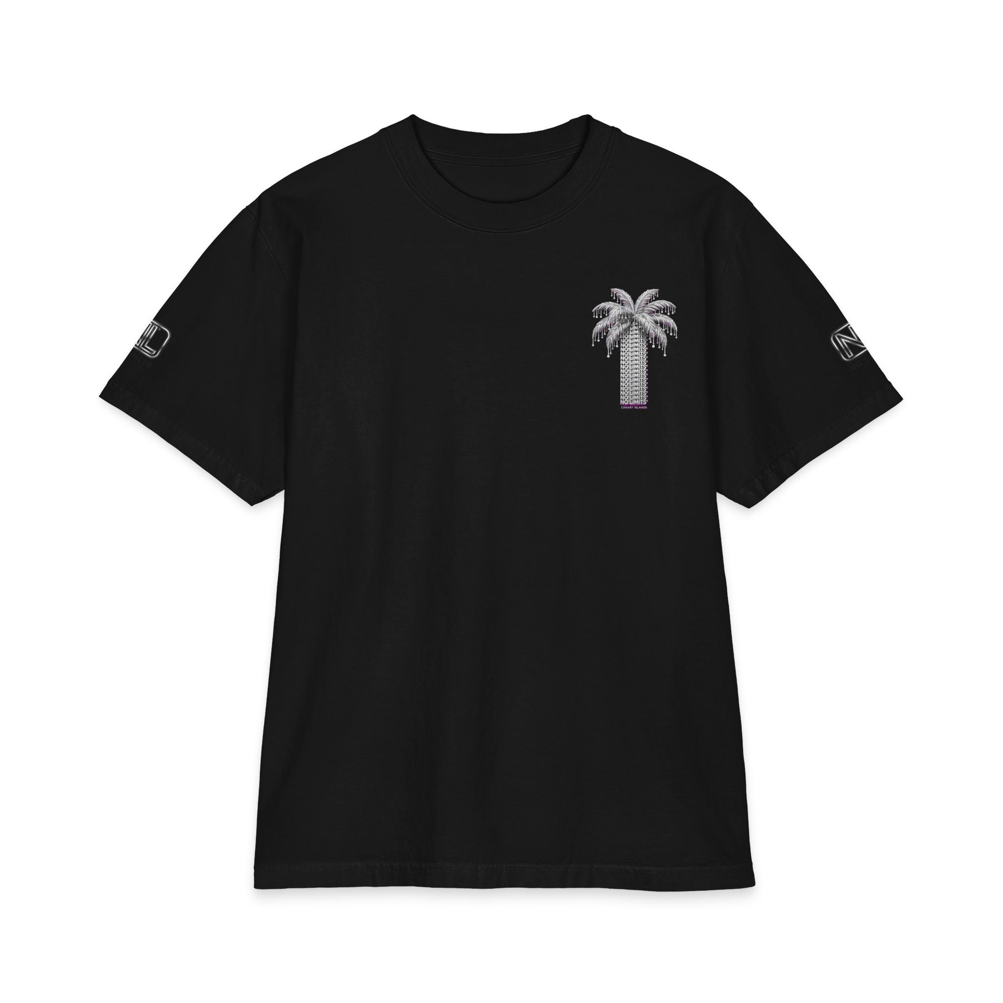 Palm Tree Graphic T-Shirt — 'NO LIMITS' Back Print, Tropical Streetwear Tee