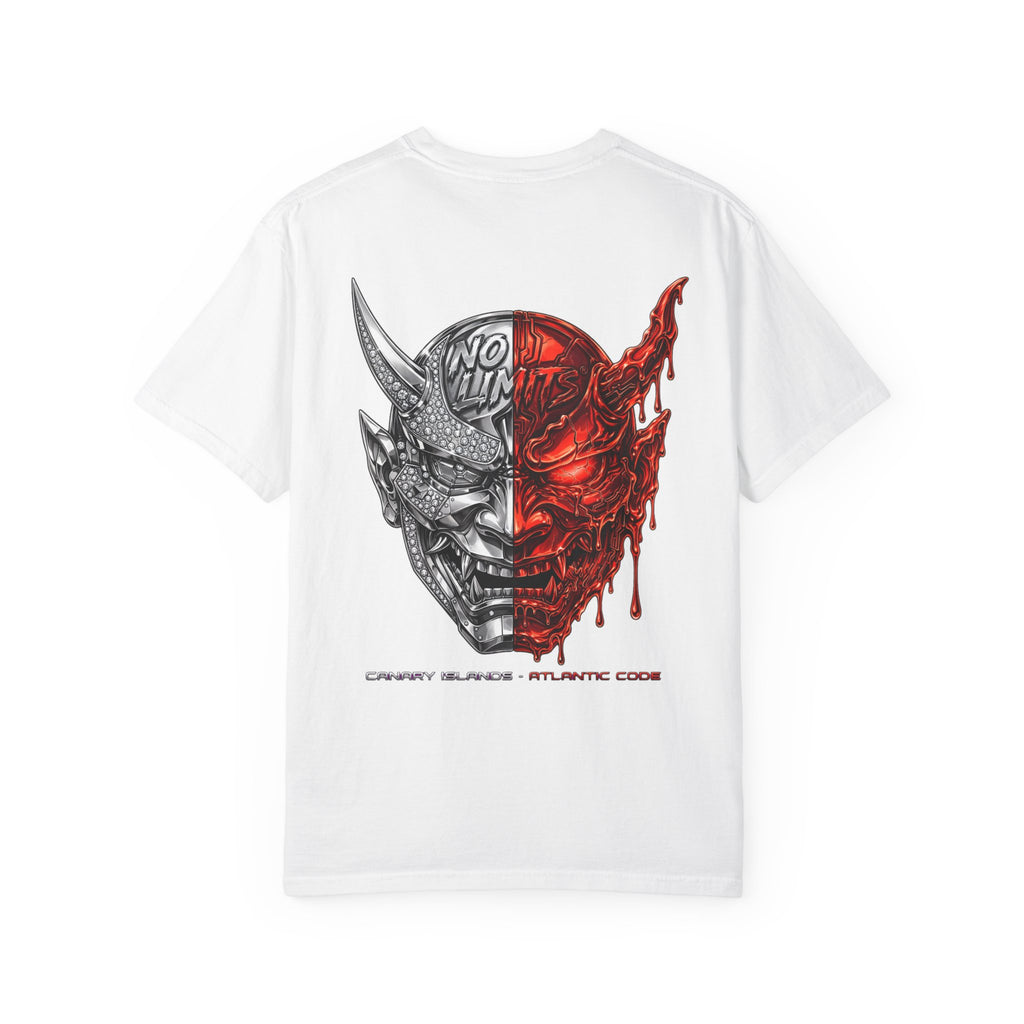 Demon Mask Graphic T-Shirt — Split Red & Grey Skull Design