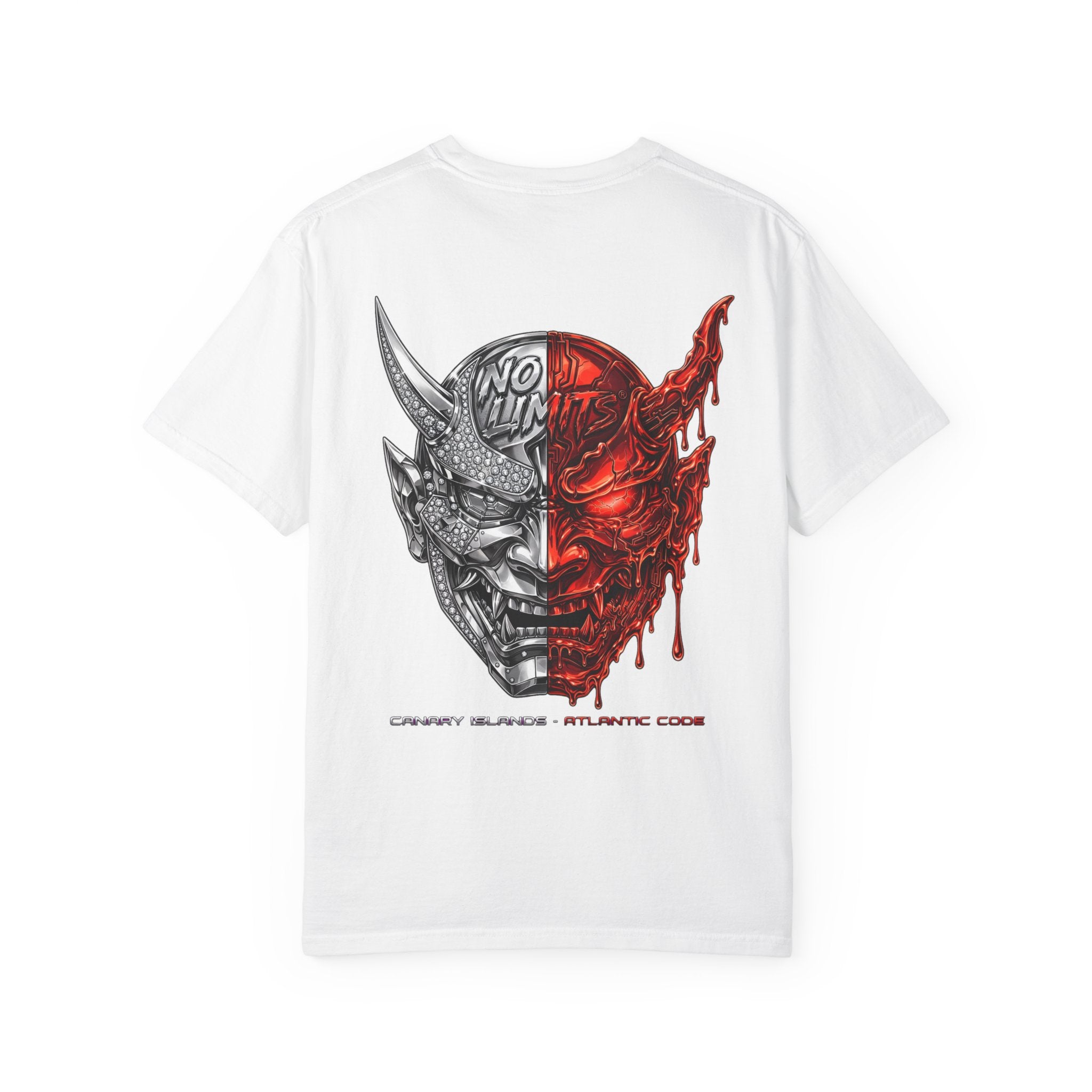 Demon Mask Graphic T-Shirt — Split Red & Grey Skull Design