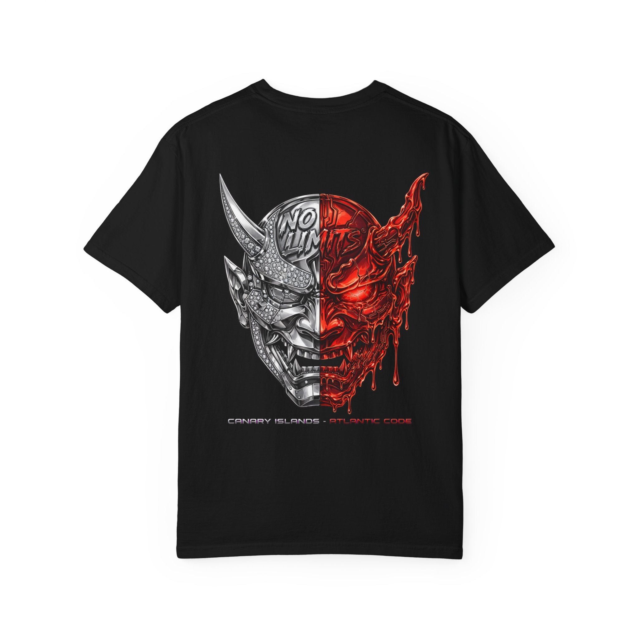 Demon Mask Graphic T-Shirt — Split Red & Grey Skull Design