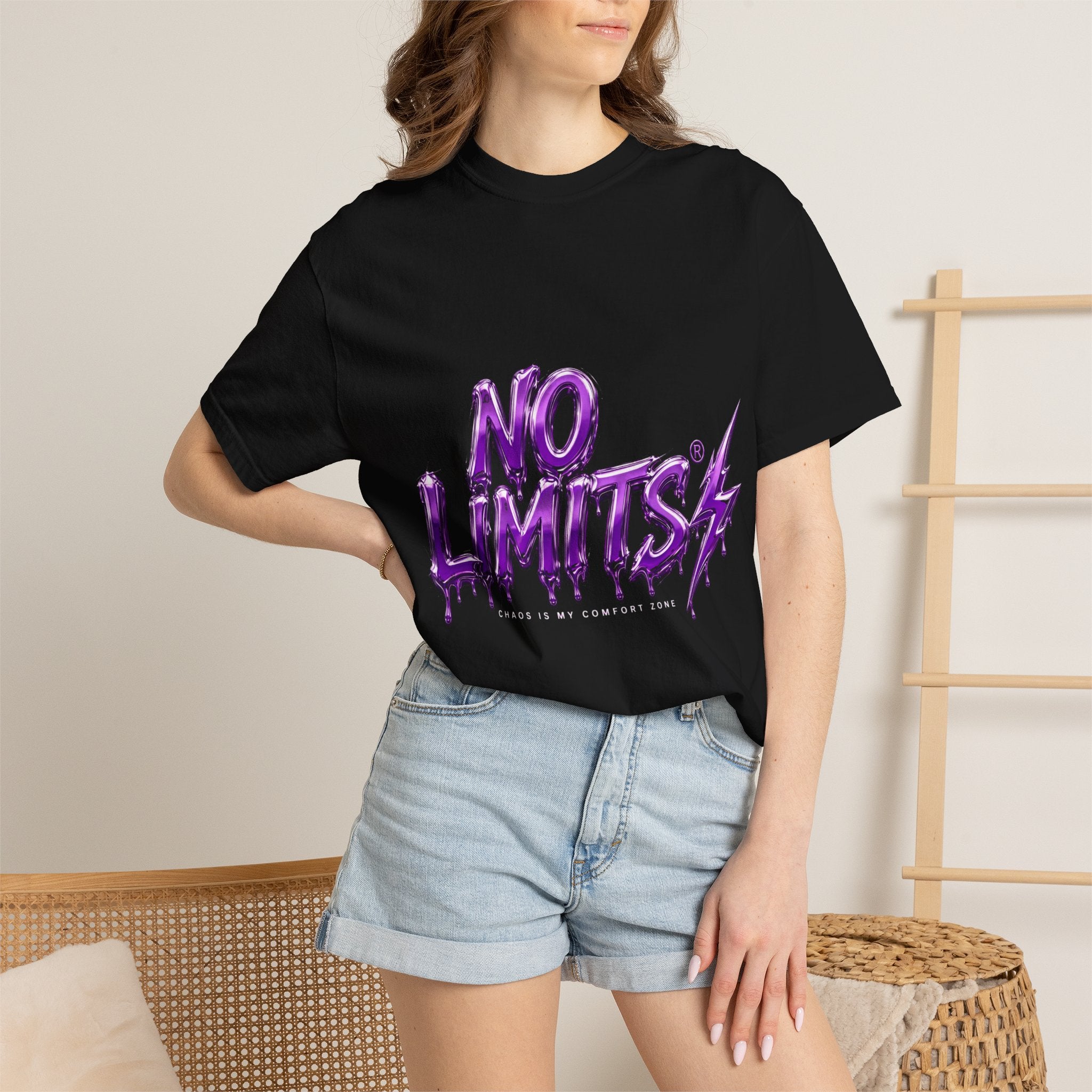 No Limits T-Shirt — Bold Purple Graphic Tee with Lightning Accent