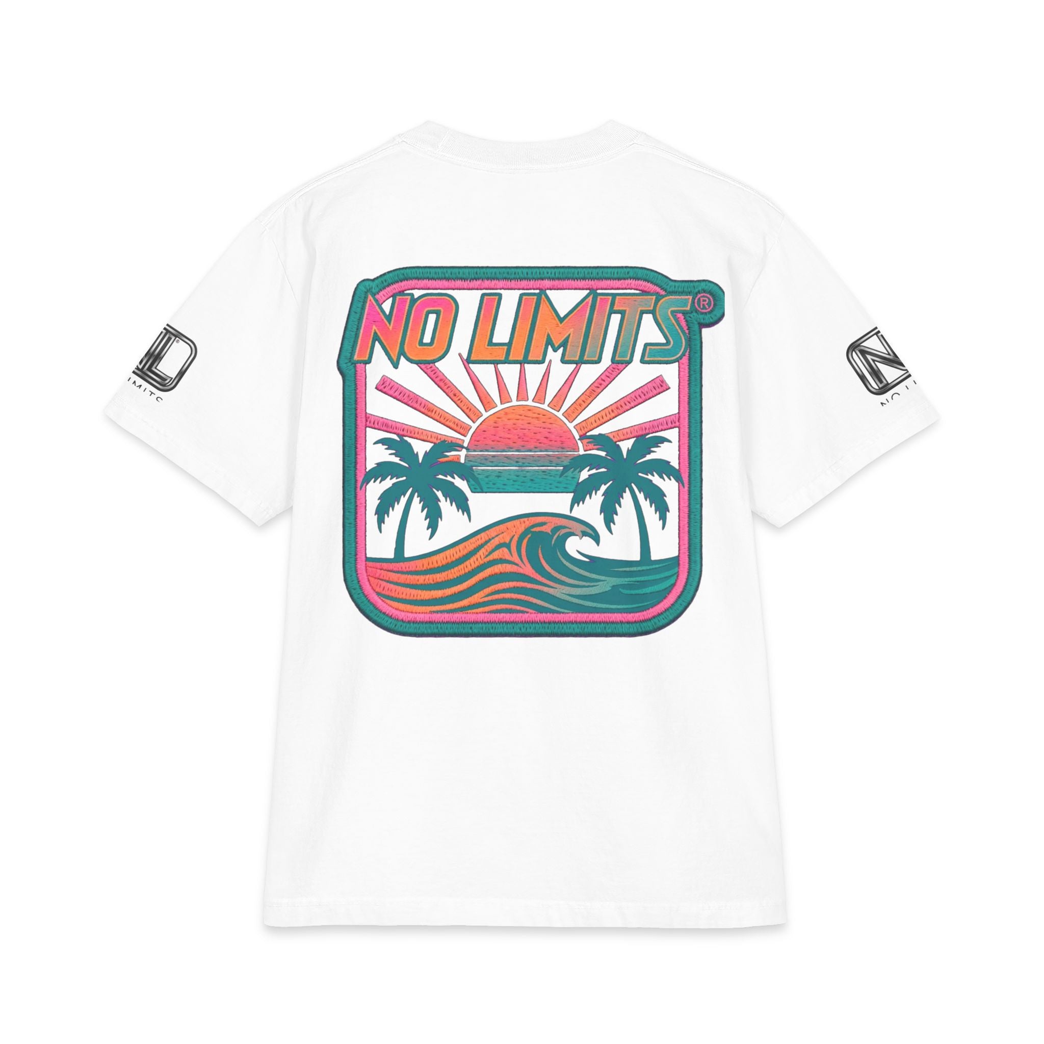 No Limits Surf T-Shirt — Retro Palm Beach Sunset Tee