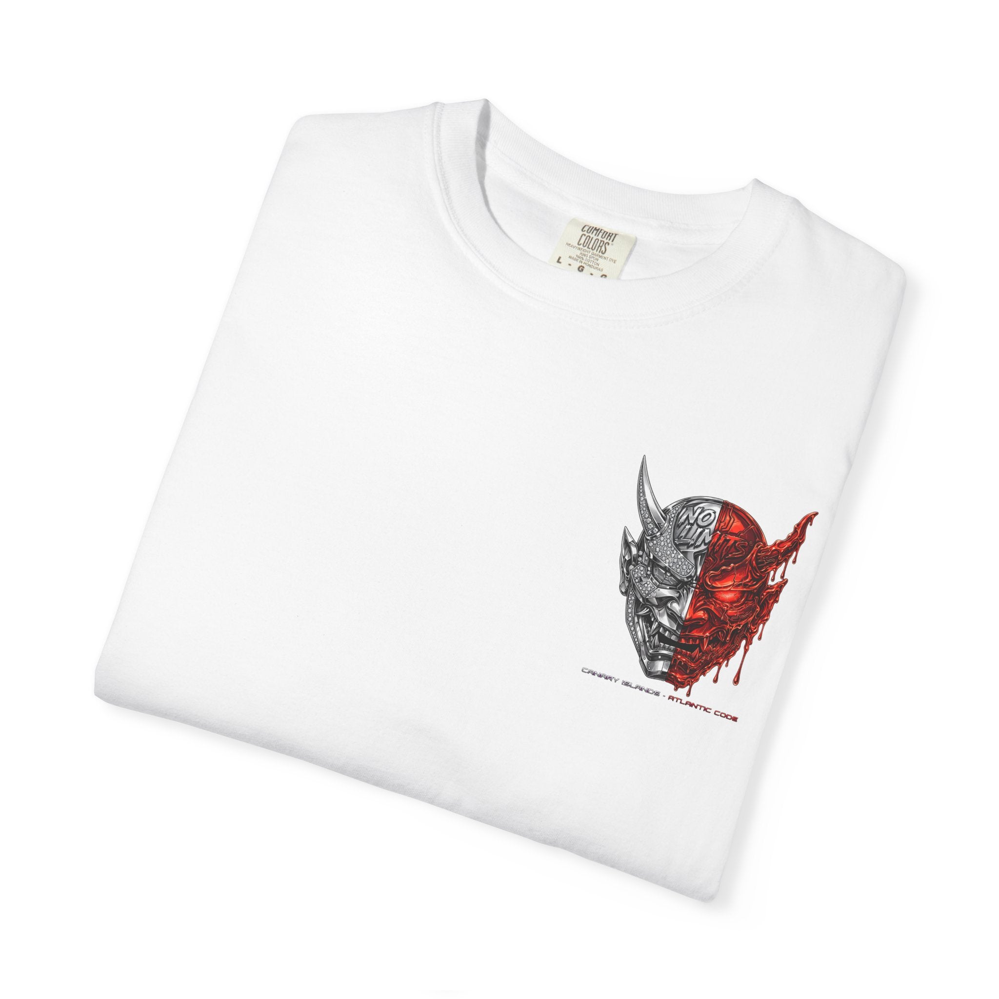 Demon Mask Graphic T-Shirt — Split Red & Grey Skull Design