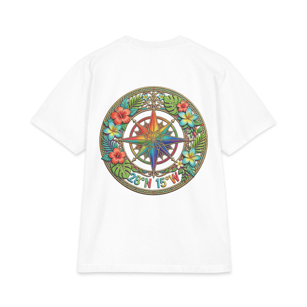 Tropical Compass T‑Shirt — Colorful Island Coordinates Graphic