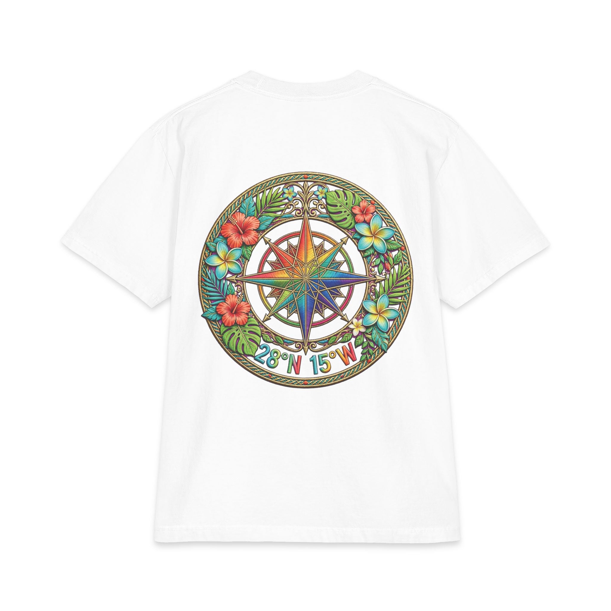 Tropical Compass T‑Shirt — Colorful Island Coordinates Graphic