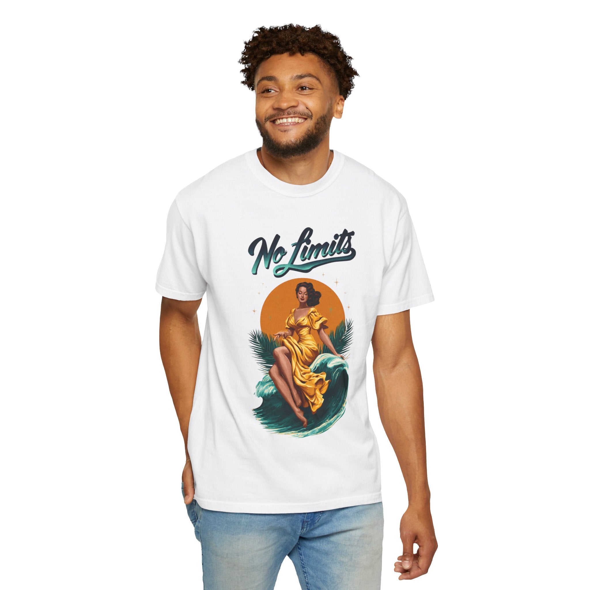 No Limits Surf Goddess T-Shirt — Retro Pinup Wave Graphic Tee