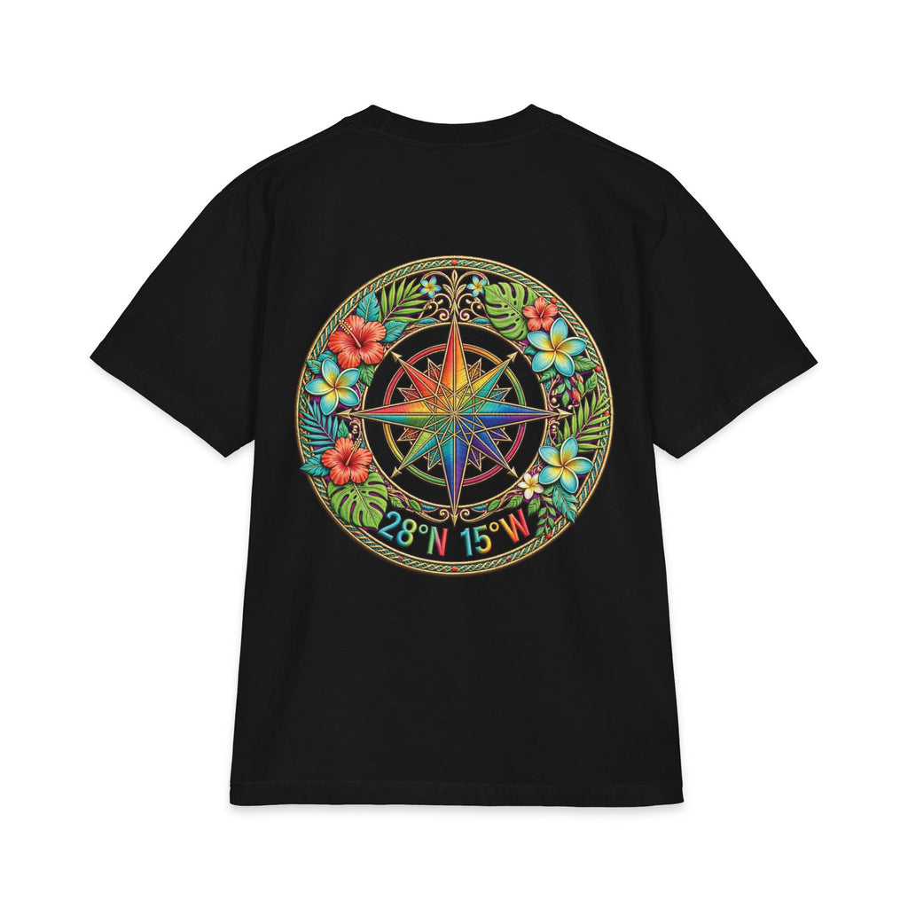 Tropical Compass T‑Shirt — Colorful Island Coordinates Graphic
