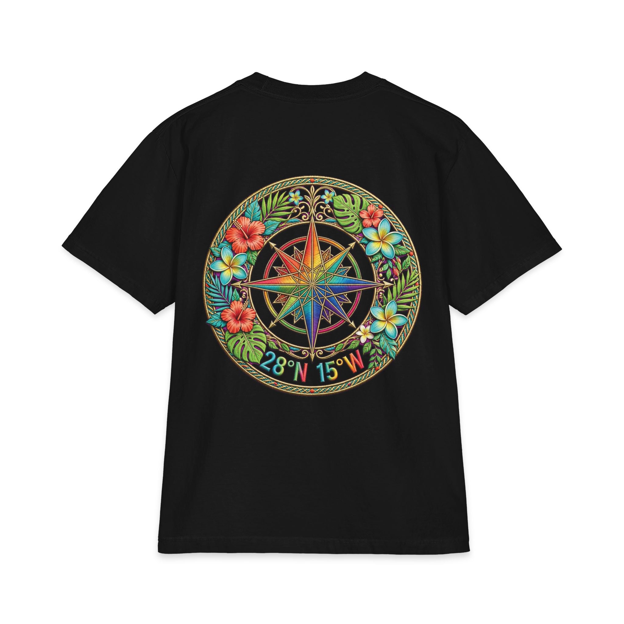 Tropical Compass T‑Shirt — Colorful Island Coordinates Graphic