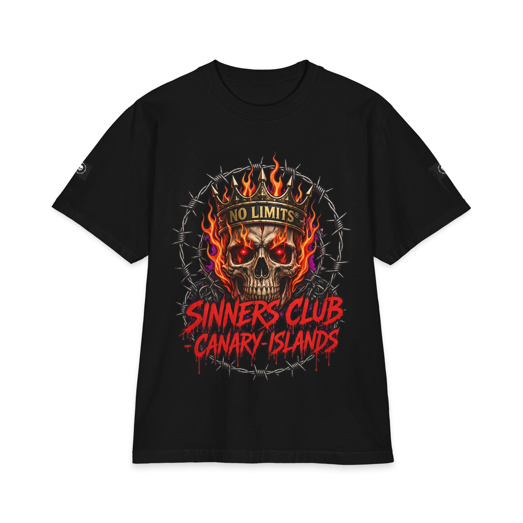 Sinners Club Canary Islands Skull Tee — "No Limits" Flame Graphic