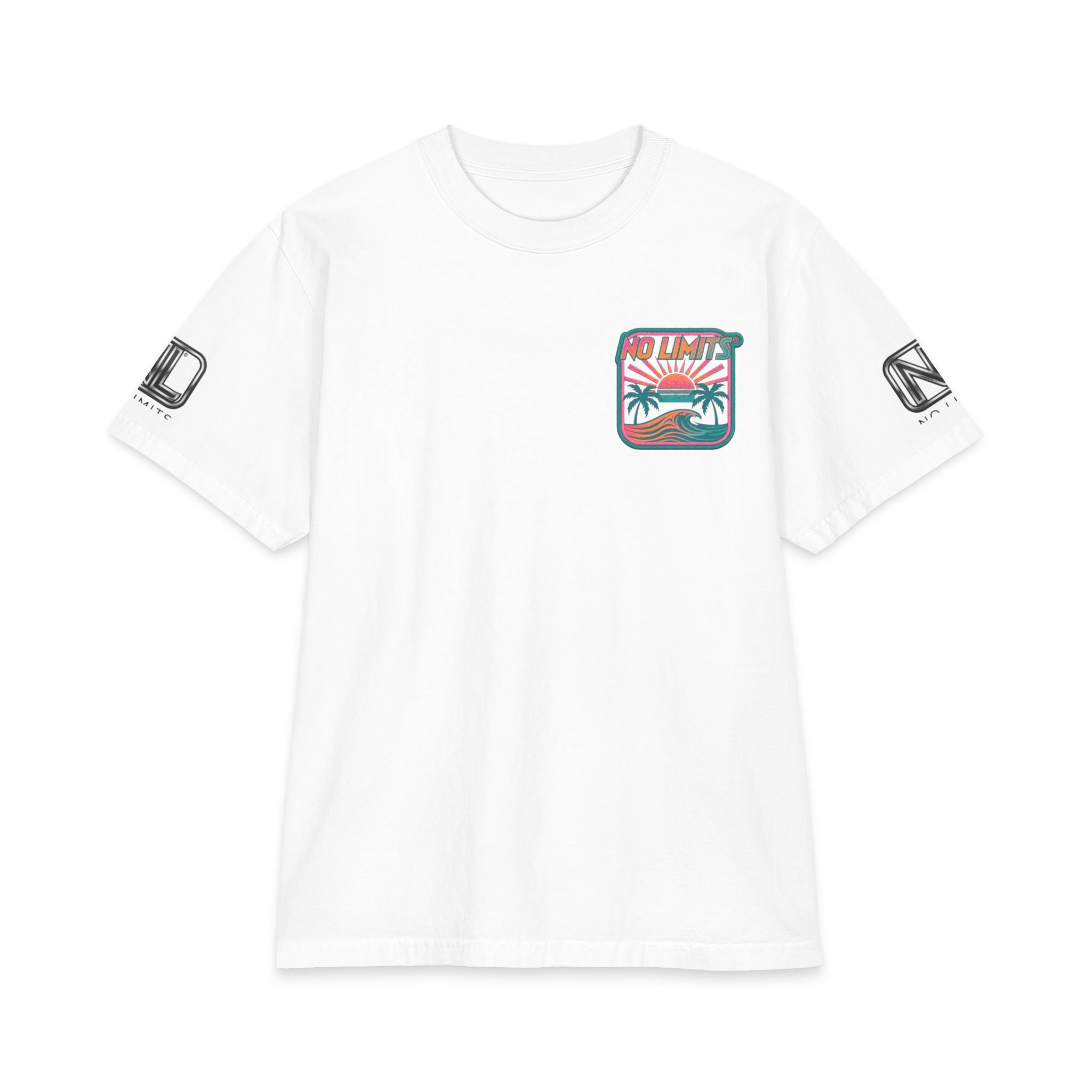 No Limits Surf T-Shirt — Retro Palm Beach Sunset Tee