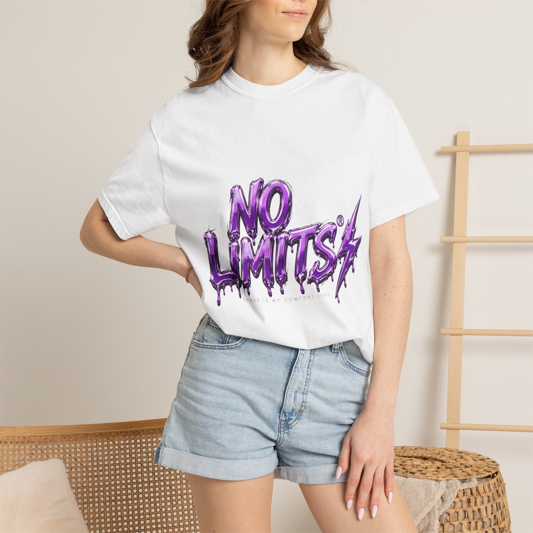 No Limits T-Shirt — Bold Purple Graphic Tee with Lightning Accent