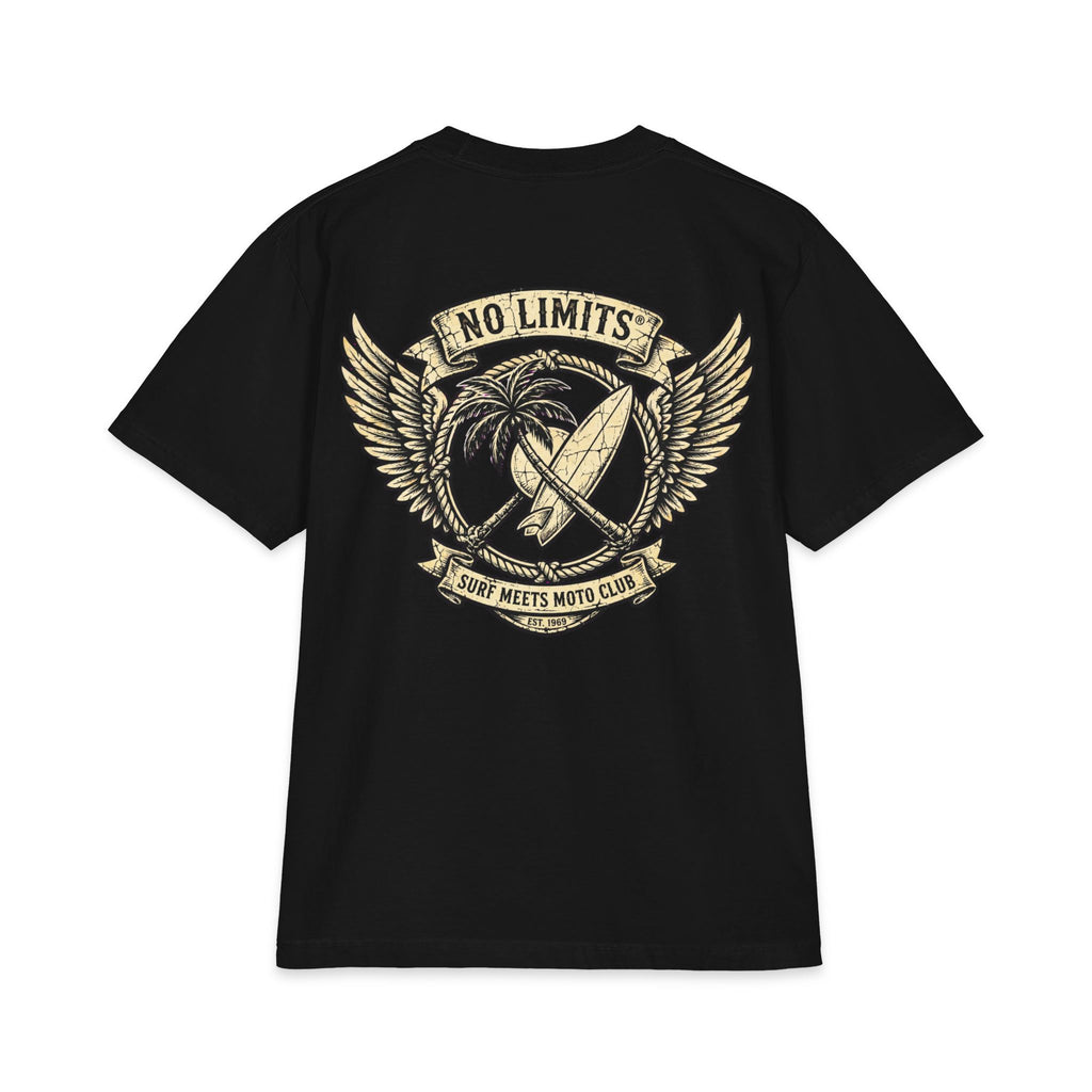 No Limits Surf & Moto T‑Shirt — Vintage Palm, Surfboard & Wings Graphic