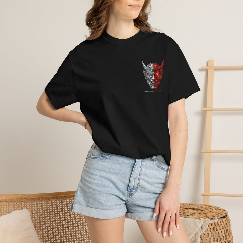 Demon Mask Graphic T-Shirt — Split Red & Grey Skull Design