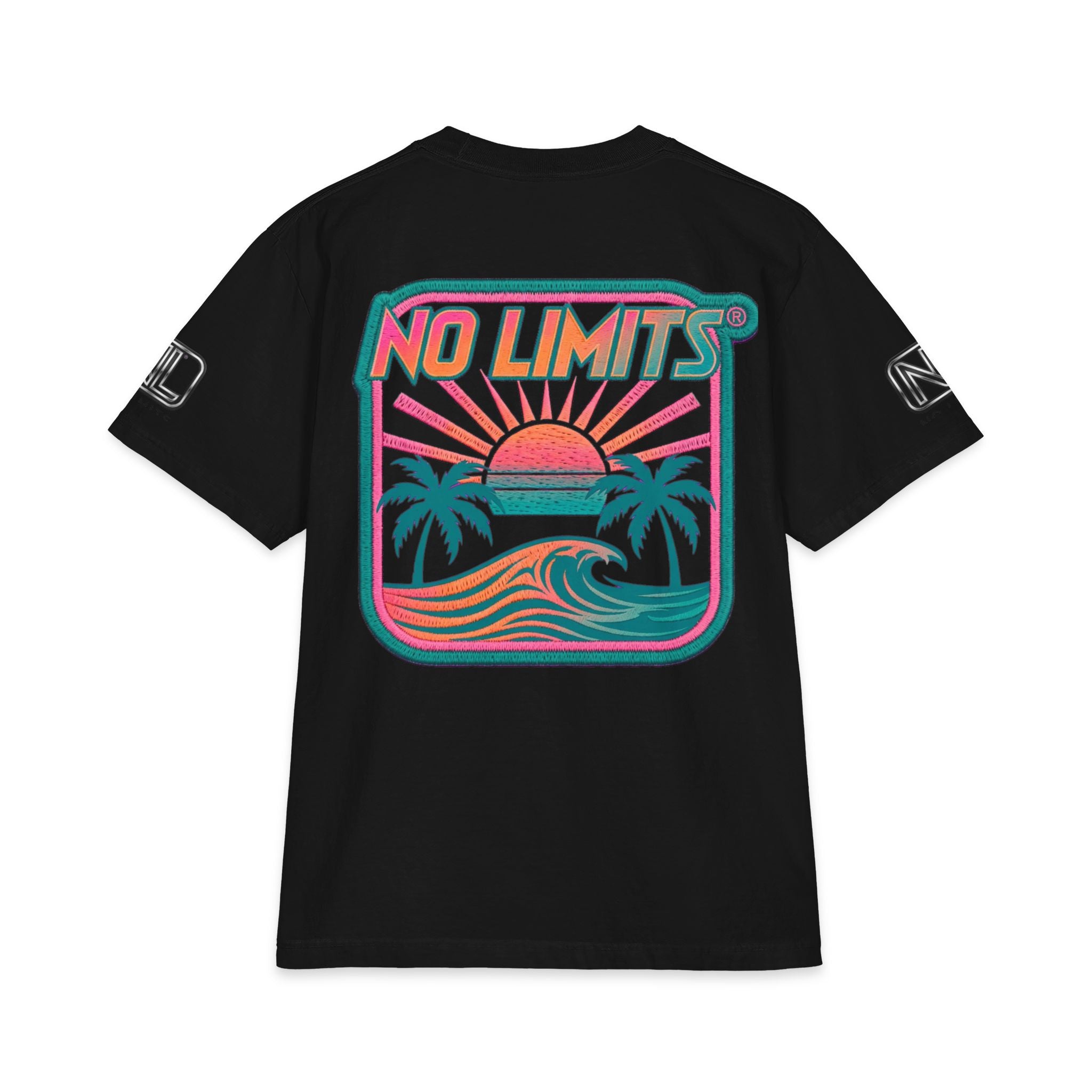 No Limits Surf T-Shirt — Retro Palm Beach Sunset Tee