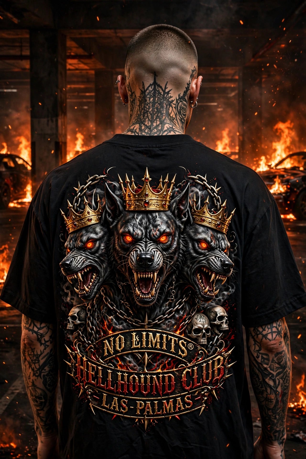 No Limits Hellhound Club T‑Shirt — Triple-Headed Wolf Graphic Tee