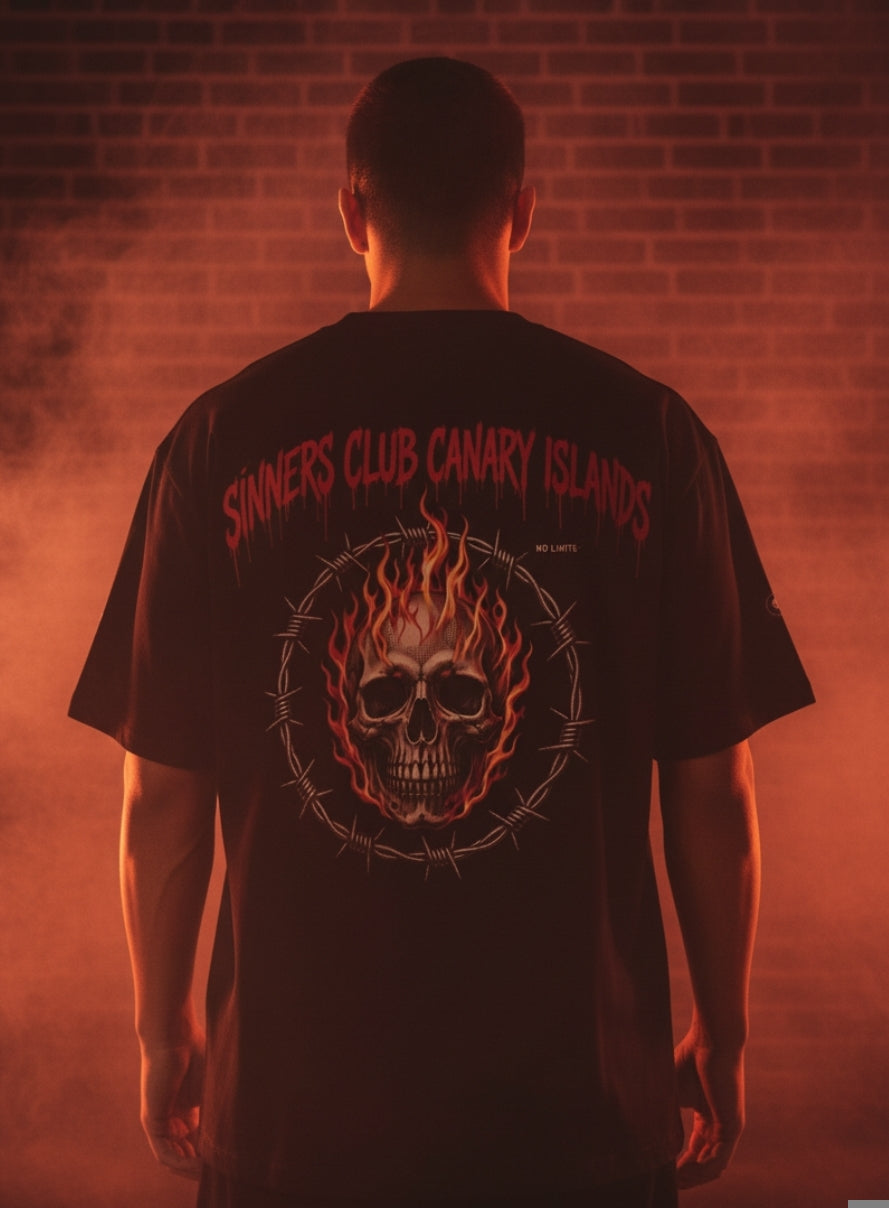 Sinners Club Canary Islands Skull Tee — "No Limits" Flame Graphic