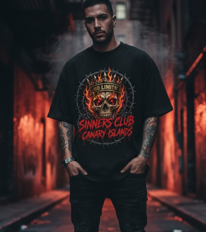 Sinners Club Canary Islands Skull Tee — "No Limits" Flame Graphic
